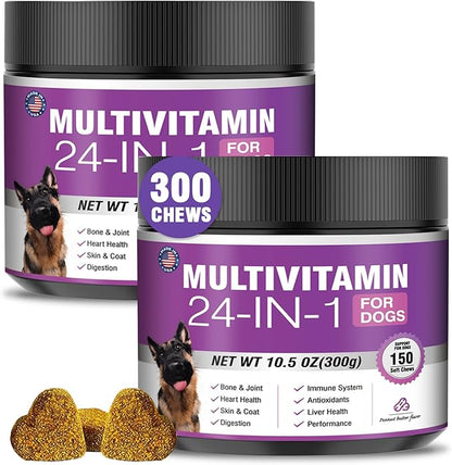 24-in-1 Dog Vitamins and Supplements 300 Ct Dogs Multivitamin Chewable Contain Chondroitin Probiotics Omega-3 Glucosamine for Dogs Skin Coat Heart Joint Gut Liver Brain Immune Support - Peanut Butter