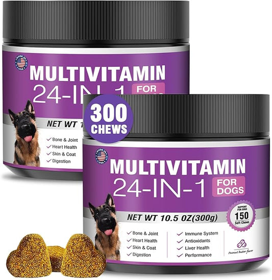 24-in-1 Dog Vitamins and Supplements 300 Ct Dogs Multivitamin Chewable Contain Chondroitin Probiotics Omega-3 Glucosamine for Dogs Skin Coat Heart Joint Gut Liver Brain Immune Support - Peanut Butter