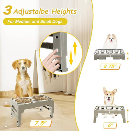 Elevated Dog Bowls 3 Height Adjustable Raised Bowl Stand with 25oz Stainless Steel Dog Food Bowls Anti-Slip for Small Dogs Adjusts to 7.5", 6", 2.75", Grey