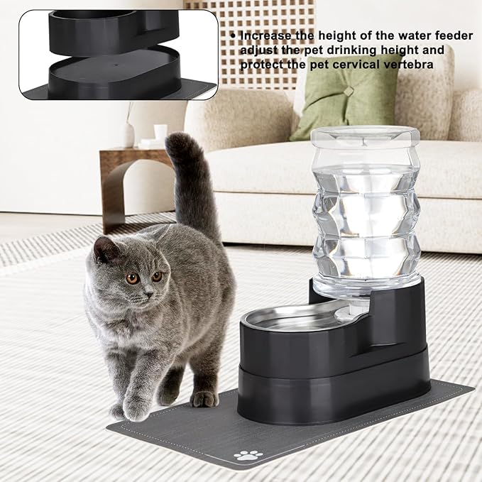 RIZZARI Automatic Cat Water Dispenser: Black 7L Elevated - Stainless Steel Gravity Feeder - Splash Guard Mat