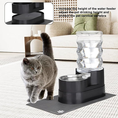 RIZZARI Automatic Cat Water Dispenser: Black 7L Elevated - Stainless Steel Gravity Feeder - Splash Guard Mat