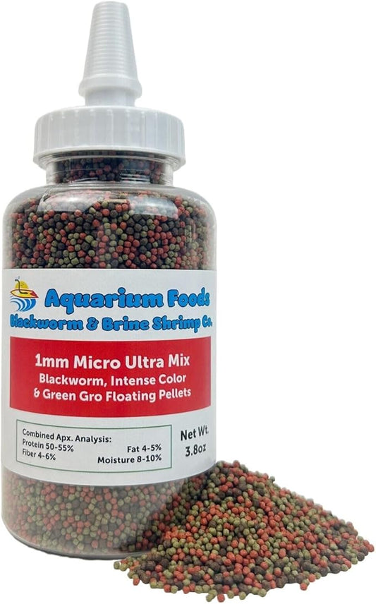 Aquatic Foods Inc. 1mm Ultra Mix of Blackworm, Intense Color Enhancing & Spirulina Green GRO Floating Pellets for Guppies, Tetras, Bettas, Nano Fish, Baby Fish…3.8oz Squeeze Bottle