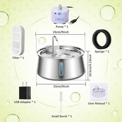 Cat Water Fountain Stainless Steel, 134oz/4L Automatic Pet Water Fountain with Water Level Window, Ultra Quiet Dog Water Dispenser with Filter and Sponge, Faucet Water Fountain for Cat, Dog