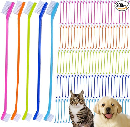 200PCS Pet Toothbrush Set, 5 Colors Dual-Ended Dog Cat Tooth Brushes Bulk for Small Medium Large Dogs Cats, Soft Bristles Teeth Cleaning Kit for Cat Dog Puppy Kitten Dental Care Fresh Breath