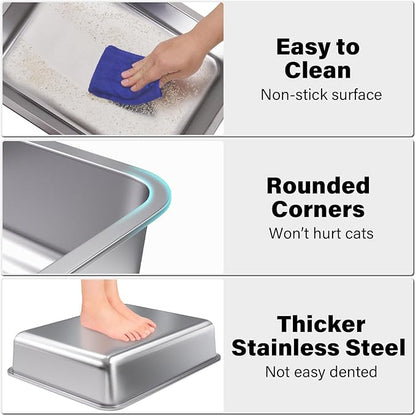 Stainless Steel Litter Box 2 Pack,Small to Medium Litter Box for Kittens 17.5" x 13.5" x 4",Easy Clean Non Stick Easy Entry No Smell Metal Litterbox for Kitty/Rabbits