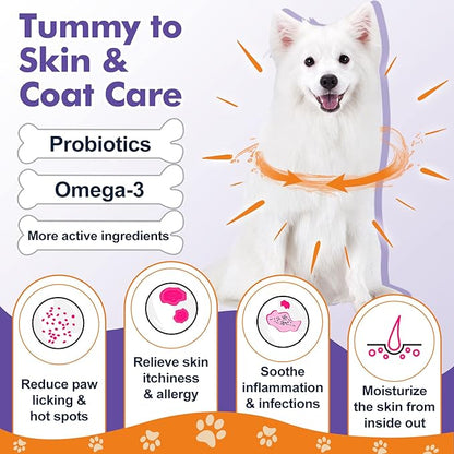 Probiotics for Dogs, Freeze-Dried Dog Probiotics and Digestive Enzymes, Plus Omega-3 for Itchy Skin, 3-in-1 Prebiotics for Digestive Health, Dog Vitamins and Supplements for Immune Health, 120 Bites
