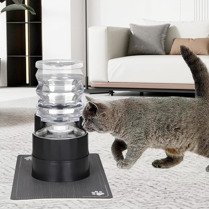 RIZZARI Automatic Cat Water Dispenser: Black 5L Elevated Feeder - Stainless Steel Gravity Bowl - Leakproof Base for Indoor Pets