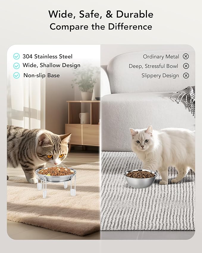 Upgrade Elevated cat Bowl, Raised Stainless Steel Cat Food and Water Dishes, Small Dog Bowl, Whisker Friendly, Anti-Vomiting, Neck Stress-Free, Non-Slip Stainless Steel Stand with 4 Legs- 3Pack