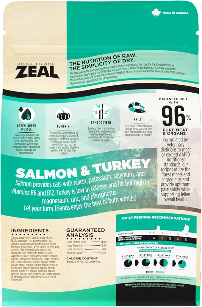 ZEAL Canada Air-Dried Salmon & Turkey Recipe for Cats - Superfood Omega-3 Rich, Dual-Protein, Grain Free, No Fillers, Complete Nutrition (Salmon & Turkey, 14.1 oz)