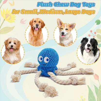 4-Pack Squeaky Dog Toys Sea Durable Interactive Chew Stuffed Crinkle Plush Toys of Rope Dog Tug of War Toy & Oral Care Puppy Toys Set: Octopus, Crab,Seahorse,Turtle Pet Toys for Small to Large Dogs
