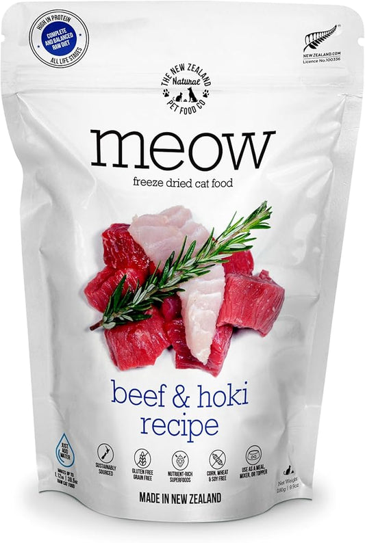 The New Zealand Natural Pet Food Co Meow Freeze Dried Cat Food - Beef & Hoki Recipe, High Protein Treats, Meals & Toppers, Dry Cat Food, 9.9 oz