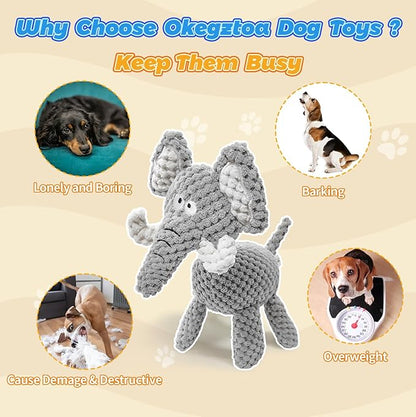 4-Pack Squeaky Dog Toys Durable Ropes Chew Stuffed Animals Toys Interactive Tug of War Plush Dog Toy with Whistle Bundle Pet Toys Set: Giraffe, Dinosaur, Cow and Elephant Dog Toy to Keep Them Busy