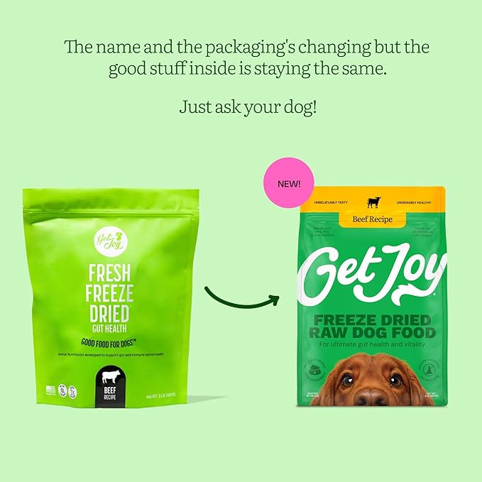 Get Joy Gut Health Fresh Freeze Dried Raw Meal, Beef Recipe, 32 Ounce Bag, Dog Food for Dogs of All Breeds and Life Stages, PhD Animal Nutritionist Formulated, USDA Beef, Made in USA