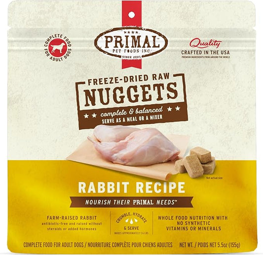 Primal Freeze Dried Raw Dog Food Nuggets, Rabbit, Complete & Balanced Meal, Also Use as Topper or Treat, Premium, Healthy, Grain Free, High Protein Raw Dog Food, 5.5 oz