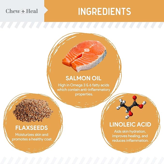 Salmon Oil for Dogs - 180 Soft Chew Omega Treats for Skin and Coat - Fish Oil Blend of Essential Fatty Acids, Omega 3 and 6, Vitamins, Antioxidants and Minerals - Made in USA