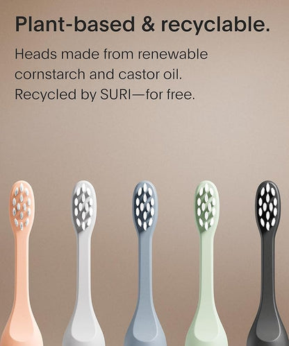 SURI Recyclable Plant-Based, Electric Toothbrush Heads - Built-in Tongue Scraper, Long Lasting Replacement Heads | Compatible Only with SURI Sonic Electric Toothbrush - Sea Mist, Pack of 3