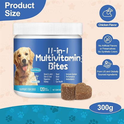 11-in-1 Dog Multivitamin Supplement - Dog Vitamins with Glucosamine - 120 Chews - Hip & Joint, Pet Immune Support, Heart, Skin & Coat, Digestion - Senior & Puppy Multivitamin Pet Supplement