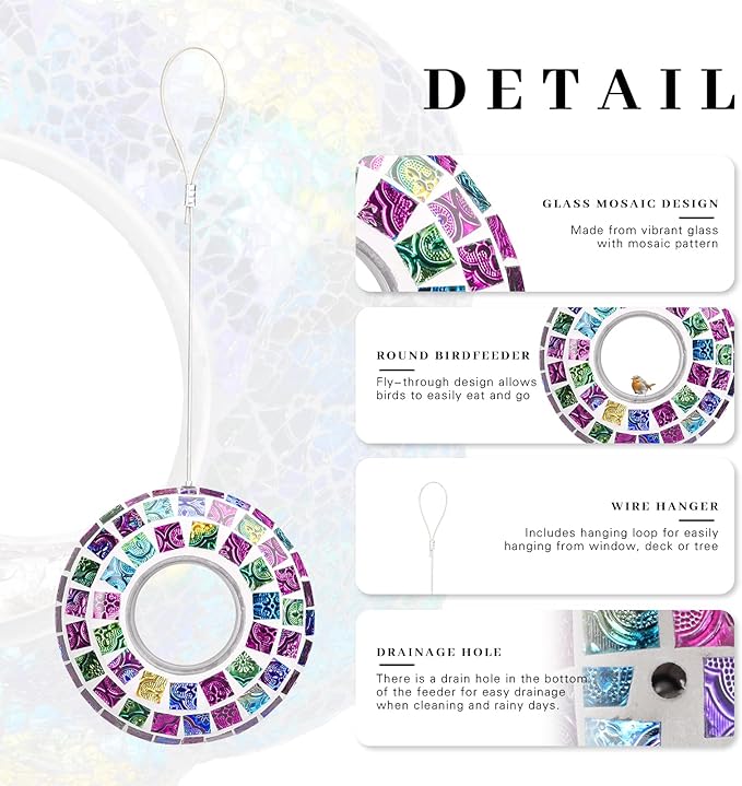 VCUTEKA Bird Feeder Mosaic Fly Through Bird Feeders for Outside Hanging with Round Shape Glass Container to Attract More Wild Birds for Garden, Yard, Backyard, Deck and Porch Decor, Multi 7-Inch