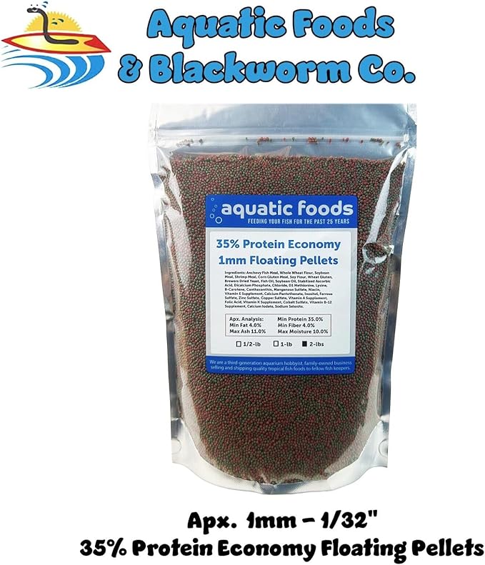 Aquatic Foods Inc. 1mm - 1/32, 35% Protein Economy Floating Pellets for All Community Fish, Tetras, Guppies, Angel Fish, Cichlids, Goldfish. All Tropical Fish - WL…2-lbs Foil Pouch Bag