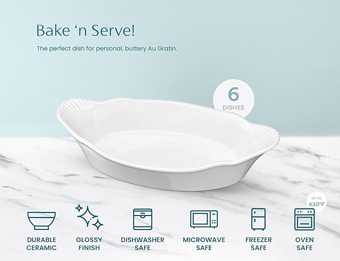 Au Gratin Baking Dishes, by Kook, Mini Casserole Dish, Set of 6, for Banana Split, Oven and Microwave Safe, Dishwasher Safe, Ceramic Dishes, Lasagna & Cobblers, Individual Serving, 12 oz (Ivory)