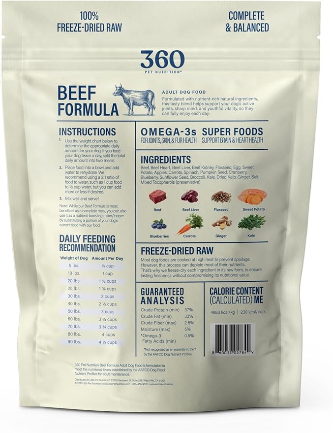 360 Pet Nutrition Freeze-Dried Raw Dog Food – Beef Recipe with Liver & Organs, High Protein with Omega-3s, Fruits, Veggies & Superfoods, Grain-Free, No Fillers, 5 oz – Made in USA
