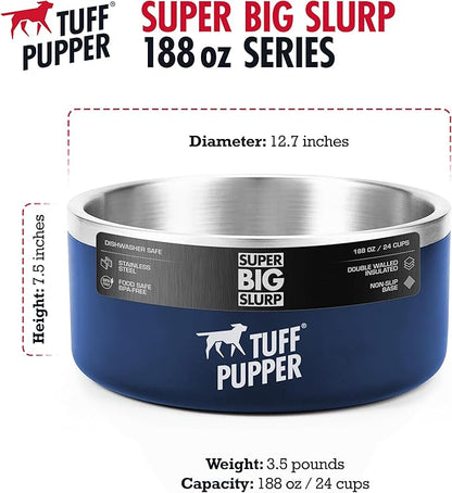 Tuff Pupper Heavy Duty Insulated Dog Bowl | Double Wall Stainless Steel Dog Food Dish | Non-Slip Spill Proof Dishwasher Safe Cat Bowl | Water Dish for Feeding Large Medium Small Pets (188oz, Blue)