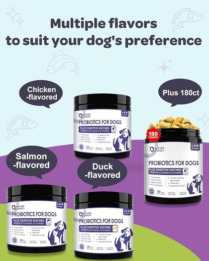NATURE TARGET Probiotics for Dogs, 6 Billion CFUs Dog Probiotics for Digestive Health with Prebiotic and Digestive Enzymes, Rich in Omega 3 and Vitamins for Skin & Coat, Salmon-Flavored - 120 Counts