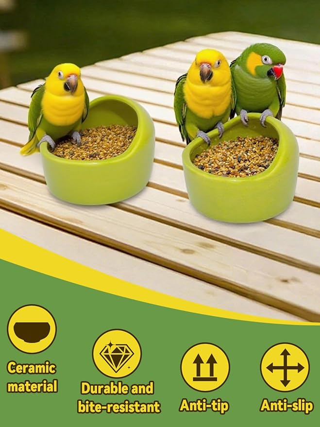 2 Pcs Ceramic Bird Food Bowls Parakeet Cage Water Bowl Birds Feeding Dish Parrot Water Feeder for Cage for Parakeets Conure Cockatiels Lovebird Budgie (Green)