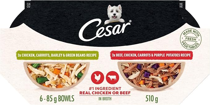 [Cesar] Chicken, Carrots, Barley & Green Beans Recipe and Beef, Chicken, Purple Potatoes & Carrots Recipe Variety Pack, 3 oz (6 Count, Pack of 1)