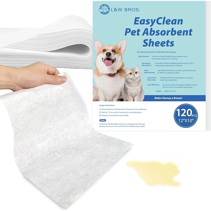 L&W BROS. Easy Clean Pet Quick Absorbent Sheets – Innovative Solution for Mess-Free Cleanup Not Traditional Pee Pads, 12"x10" for Urine and Pet Stain & Odor Remover (120 PCS)
