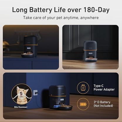 Automatic Cat Feeder - 2L Cat Food Dispenser, Timed Auto Pet Feeder with 180-day Battery Life, 1-6 Meals Per Day, 1-16 Portion, Desiccant Bag Keeps Dry Food Fresh, Also for Small Dogs