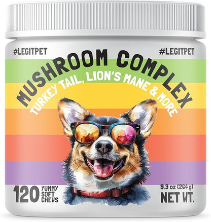 Mushroom Complex Treats for Dogs with Reishi, Shiitake, and Turkey Tail Mushrooms for Cognition and Immune Boosting Supports Digestive Health and Reduces Inflammation DHA EPA Turmeric Kelp (120pcs)