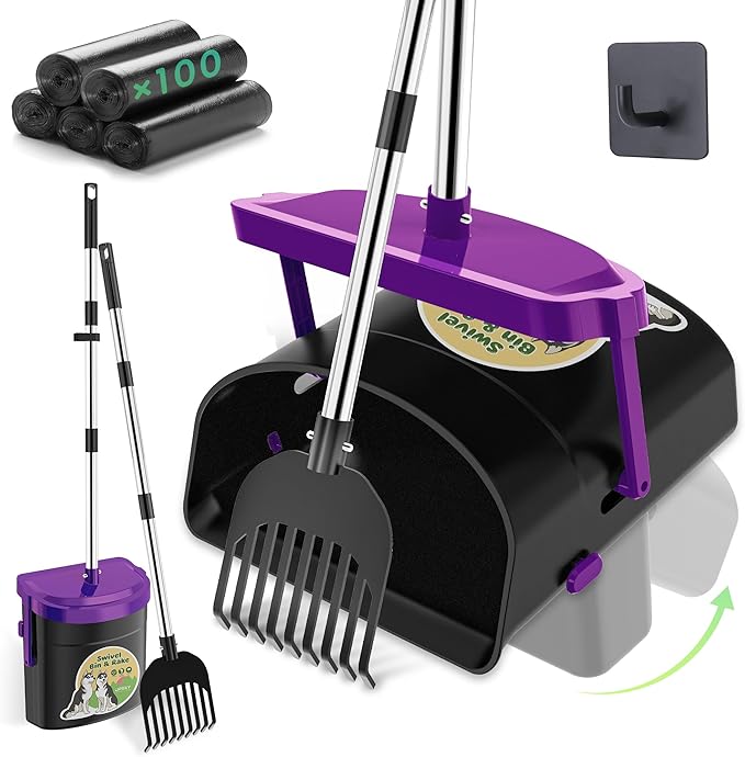 UPSKY Dog Pooper Scooper Swivel Bin & Rake Kit with 100 Waste Bags,33.4" Stainless Steel Long Handle Heavy Duty Pet Poop Shovel for Large Medium Small Dogs, Odor-Proof Lid for Yard/Lawn/Outdoor Use