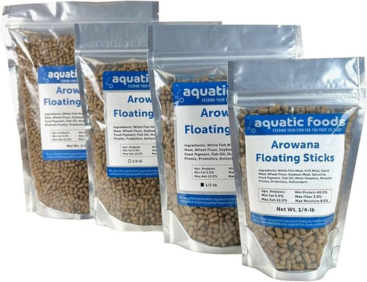 Aquatic Foods Inc. Arowana 3/8" x 7/32" 40% Protein Floating Sticks for Arowana, Oscars, Flower Horns, Red Parrots All Central and South American Cichlids...WL…1/2-lb Foil Pouch Bag