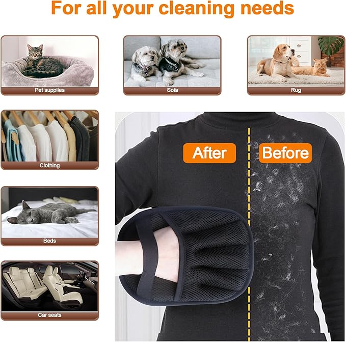 2Pcs Pet Hair Removal Glove for Cats & Dogs, with 2Pcs Toothbrush, Upgraded Five-Finger Electrostatic Pet Hair Gloves, Washable Reusable Pet Hair Remover Tool for Clothing, Couch, Carpet, Car Seat