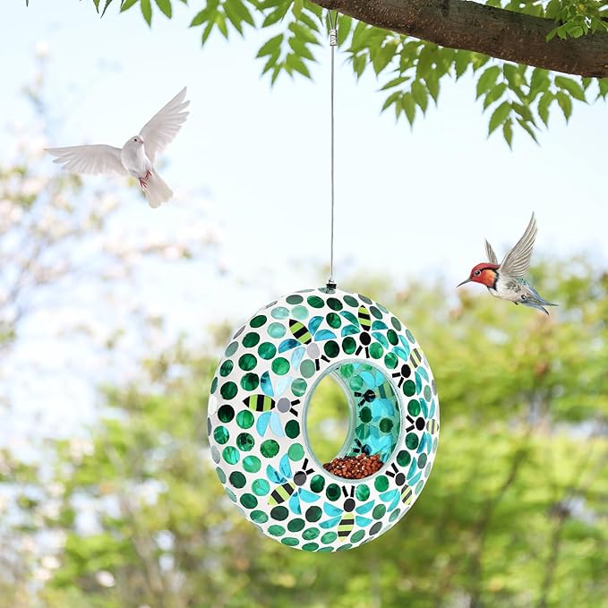 VCUTEKA Bird Feeder Mosaic Fly Through Bird Feeders for Outside Hanging with Round Shape Glass Container to Attract More Wild Birds for Garden, Yard, Backyard, Deck and Porch Decor, Bee 10-Inch
