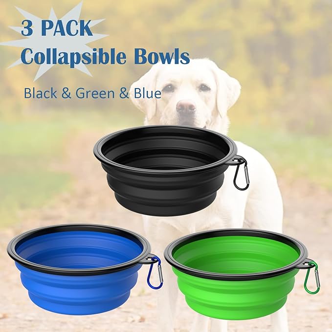 Takfox Collapsible Dog Bowls [3 Pack] 34 oz, Travel Dog Bowls, Pet Bowl Portable Foldable Water Food Feeding Dishes with Carabiner Clip for Traveling Hiking Walking-Black & Green & Blue