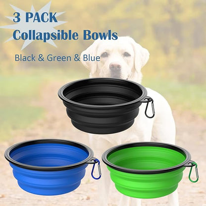 Takfox Collapsible Dog Bowls [3 Pack] 34 oz, Travel Dog Bowls, Pet Bowl Portable Foldable Water Food Feeding Dishes with Carabiner Clip for Traveling Hiking Walking-Black & Green & Blue