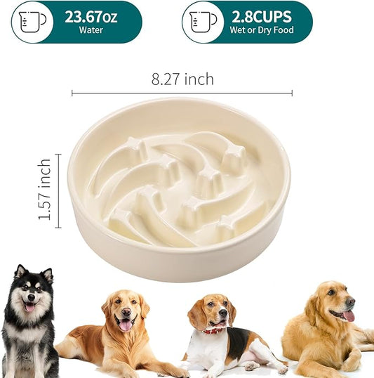 8.26 in Milk White Dog Bowl Slow Feeder Ceramic for Medium and Large Breed,Slow Feeding Dog Food Water Dish Heavy Weighted,Puppy Dish for Fast Eaters,Puzzle Eating Bowl Modern Meteor