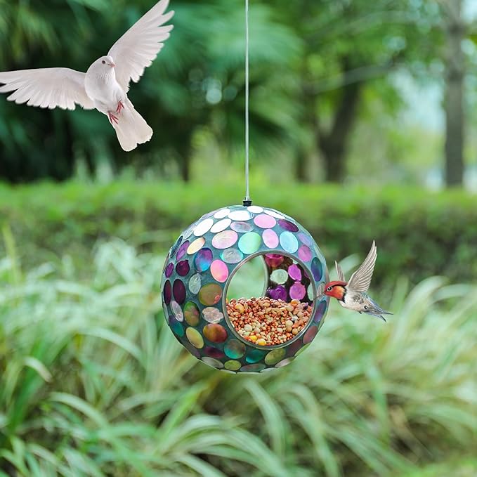 VCUTEKA Mosaic Bird Feeder, Round Glass Container Hanging Bird Feeders for Gardens, Yards, Decks to Attract Wild Birds, 7-Inch Purple