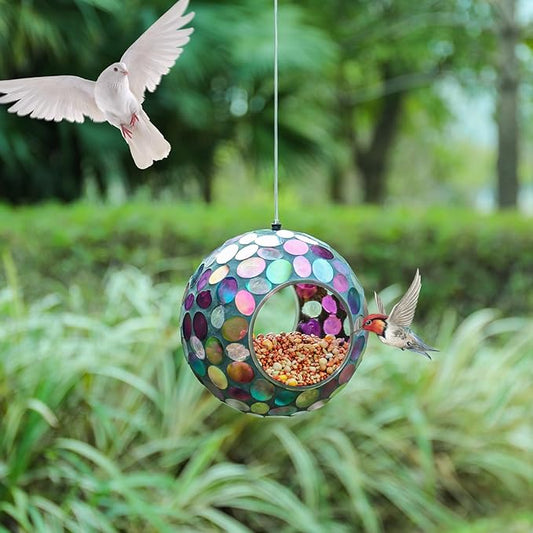 VCUTEKA Mosaic Bird Feeder, Round Glass Container Hanging Bird Feeders for Gardens, Yards, Decks to Attract Wild Birds, 7-Inch Purple