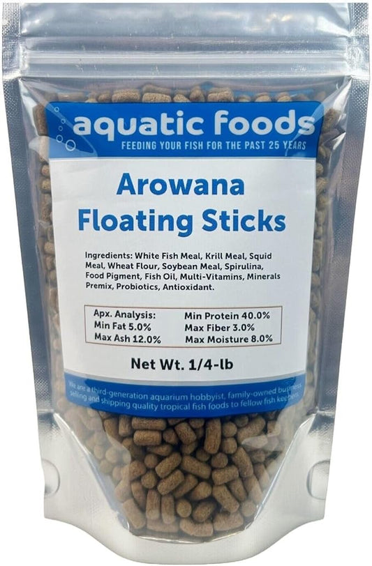 Aquatic Foods Inc. Arowana 3/8" x 7/32" 40% Protein Floating Sticks for Arowana, Oscars, Flower Horns, Red Parrots All Central and South American Cichlids...WL…1/4-lb Foil Pouch Bag
