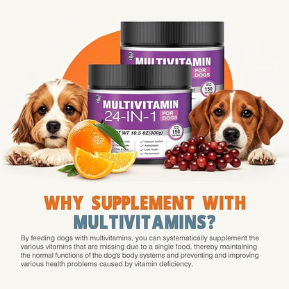 24-in-1 Dog Vitamins and Supplements 300 Ct Dogs Multivitamin Chewable Contain Chondroitin Probiotics Omega-3 Glucosamine for Dogs Skin Coat Heart Joint Gut Liver Brain Immune Support - Peanut Butter
