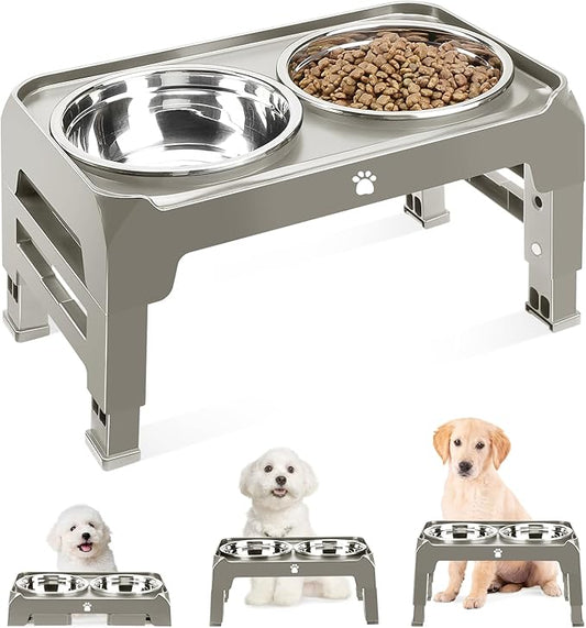 Elevated Dog Bowls 3 Height Adjustable Raised Bowl Stand with 25oz Stainless Steel Dog Food Bowls Anti-Slip for Small Dogs Adjusts to 7.5", 6", 2.75", Grey