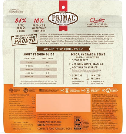 Primal Freeze Dried Dog Food, Pronto Mini Nuggets, Beef; Scoop & Serve, Complete & Balanced Meal; Also Use as Topper or Treat; Premium, Healthy, Grain Free High Protein Raw Dog Food (7 oz)