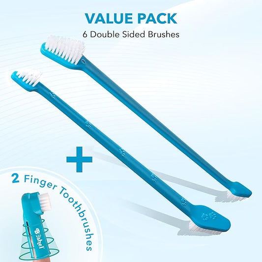 Boshel 8 Pc Dog Toothbrush Kit - 6 Dual Headed Dog Tooth Brush + 2 Pet Finger Toothbrush for Dogs - Soft Nylon Bristle Pet Tooth Brush for Dogs, Best Tooth Brushing Kit for Small & Large Breeds