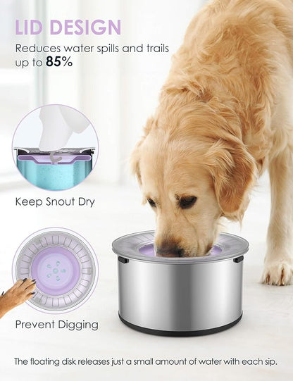 1Gallon Large Dog Water Bowl No Spill, [Anti Digging Lid & Rubber Bottom] Spill Proof Dog Bowl, Anti Splash Mess Dripless Slow Drinking Stainless Steel Water for Sloppy Messy Drinkers Car