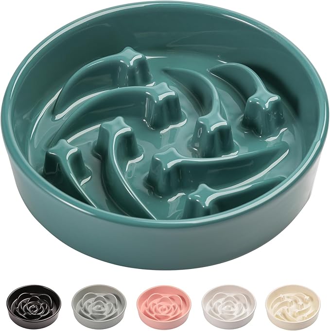8.26 in Deep Green Dog Bowl Slow Feeder Ceramic for Medium and Large Breed,Slow Feeding Dog Food Water Dish Heavy Weighted,Puppy Dish for Fast Eaters,Puzzle Eating Bowl Meteor