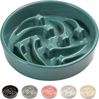 8.26 in Deep Green Dog Bowl Slow Feeder Ceramic for Medium and Large Breed,Slow Feeding Dog Food Water Dish Heavy Weighted,Puppy Dish for Fast Eaters,Puzzle Eating Bowl Meteor