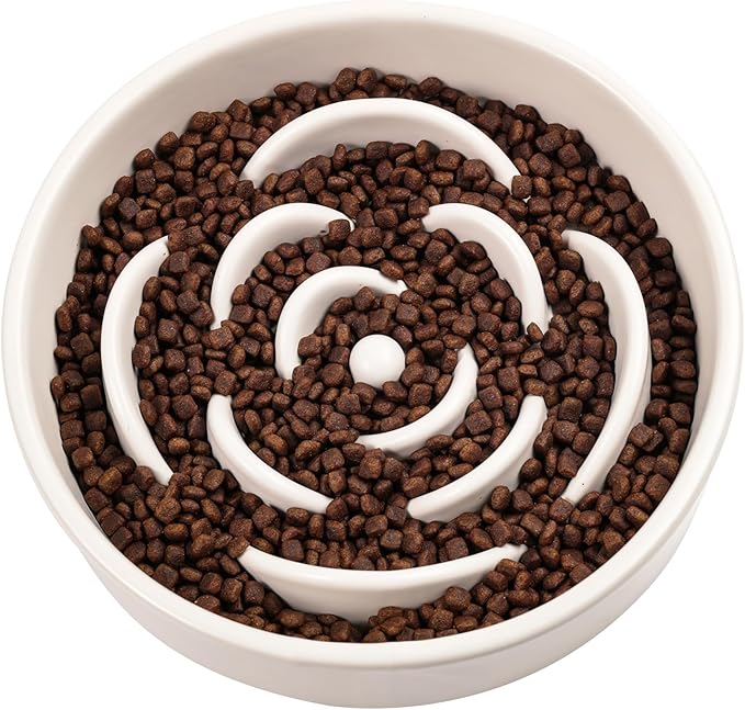 White Ceramic Dog Bowl Slow Feeder for Medium and Large Breed,1.5 Cup 8.26 in Slow Feeding Bowl,Puzzle Dog Food Bowl for Fast Eater,Maze Dish for Fast Eater